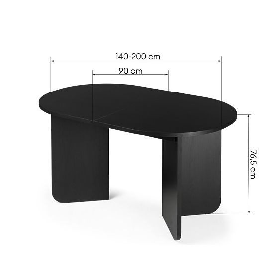 Table extensible Mou 140-200 cm, noir avec structure bois, plateau ovale
