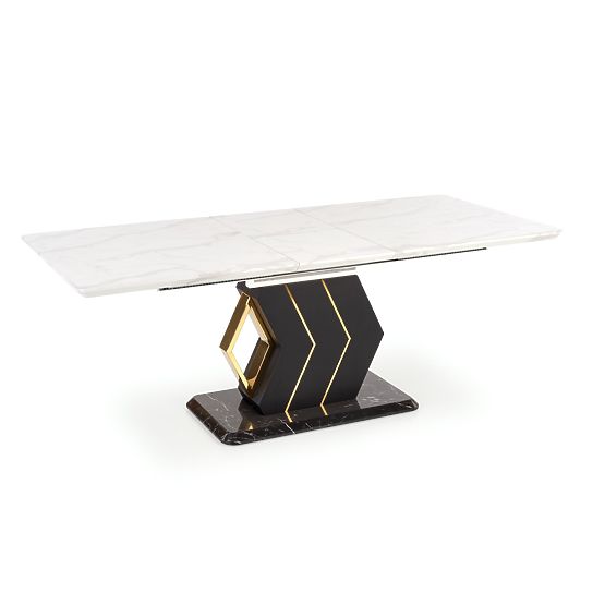 Table extensible VINCENZO plateau : marbre blanc, pied noir/doré (3p=1ks)