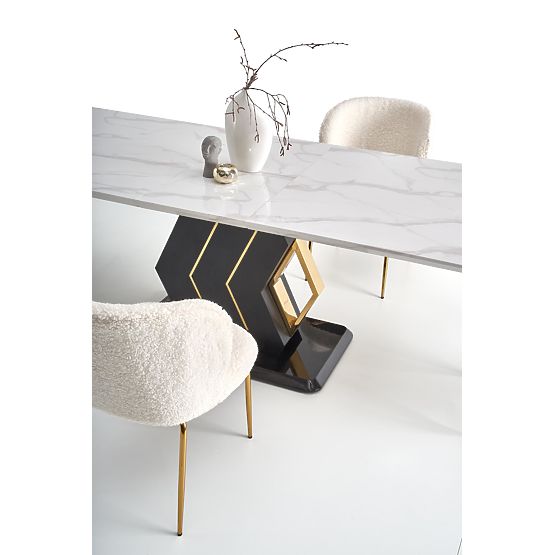 Table extensible VINCENZO plateau : marbre blanc, pied noir/doré (3p=1ks)