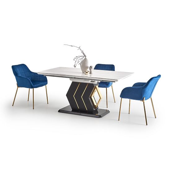 Table extensible VINCENZO plateau : marbre blanc, pied noir/doré (3p=1ks)