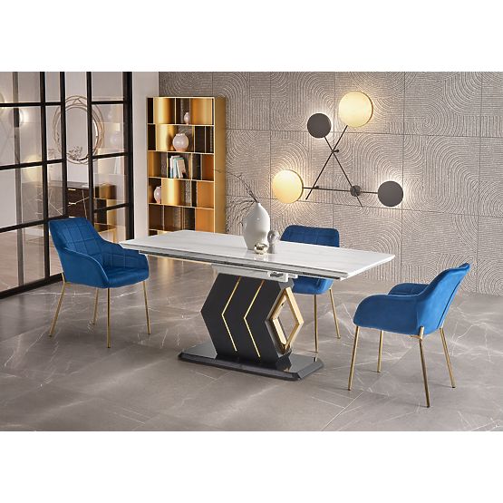 Table extensible VINCENZO plateau : marbre blanc, pied noir/doré (3p=1ks)