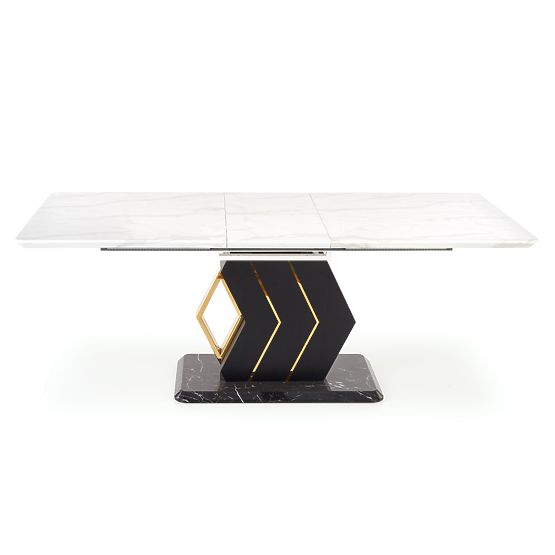 Table extensible VINCENZO plateau : marbre blanc, pied noir/doré (3p=1ks)