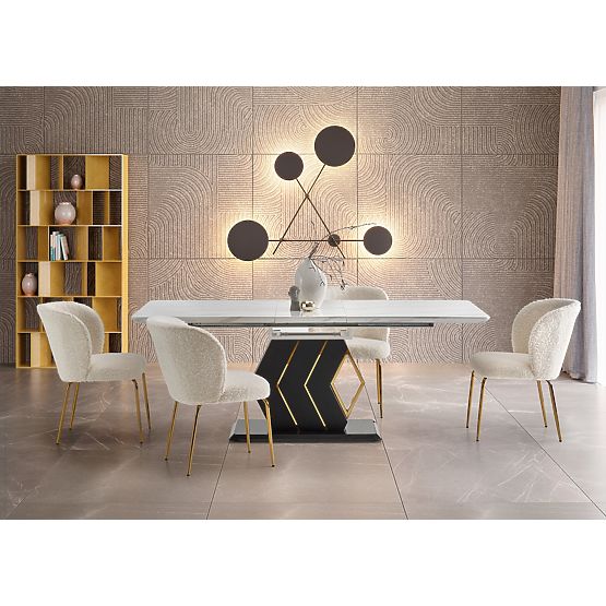 Table extensible VINCENZO plateau : marbre blanc, pied noir/doré (3p=1ks)