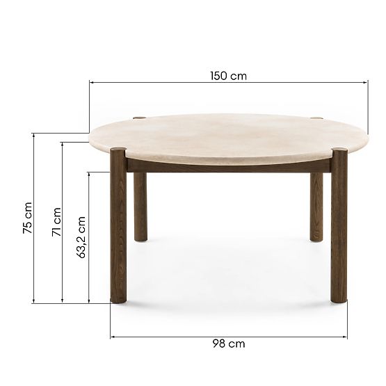 Table à manger Bruna, 150 cm, rond, chêne mocha/marbre cream