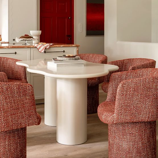 Table à manger Pinar 180 cm, gris-beige, formes arrondies