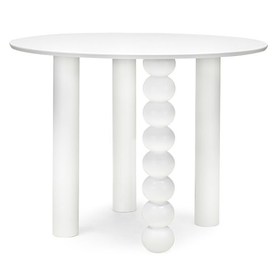 Table rond Bolla 100 cm, placage de hêtre, blanc, pied décoratif avec boules