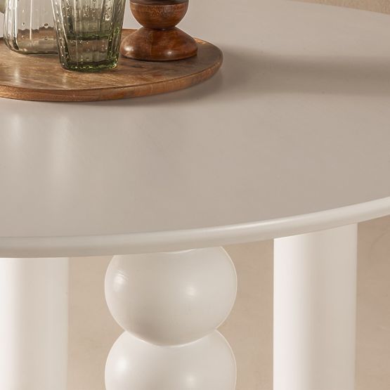 Table rond Bolla 100 cm, placage de hêtre, blanc, pied décoratif avec boules