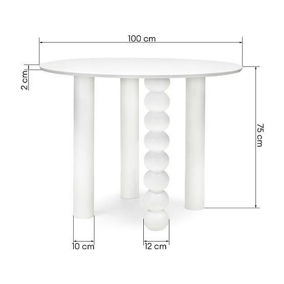 Table rond Bolla 100 cm, placage de hêtre, blanc, pied décoratif avec boules