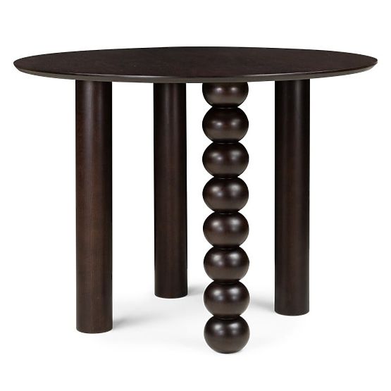 Table ronde Bolla 100 cm, placage de chêne, noyer, pied décoratif avec boules