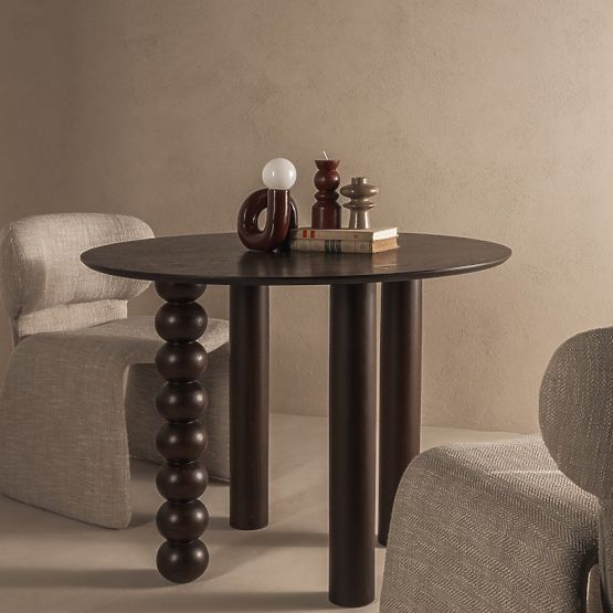 Table ronde Bolla 100 cm, placage de chêne, noyer, pied décoratif avec boules