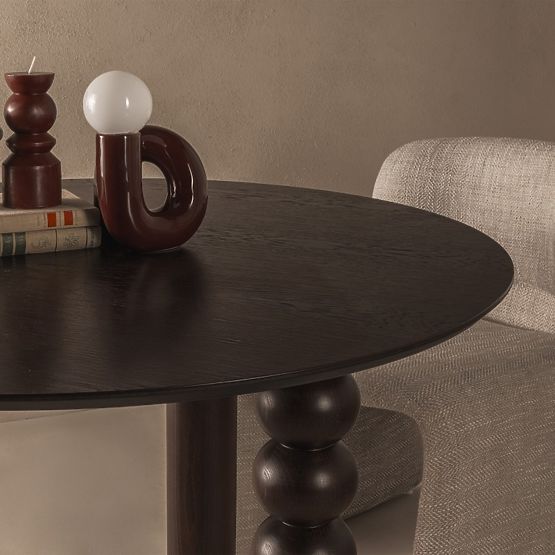 Table ronde Bolla 100 cm, placage de chêne, noyer, pied décoratif avec boules