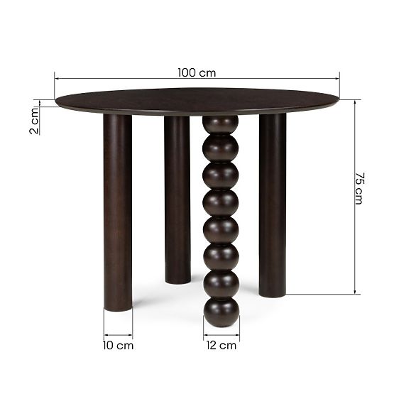 Table ronde Bolla 100 cm, placage de chêne, noyer, pied décoratif avec boules