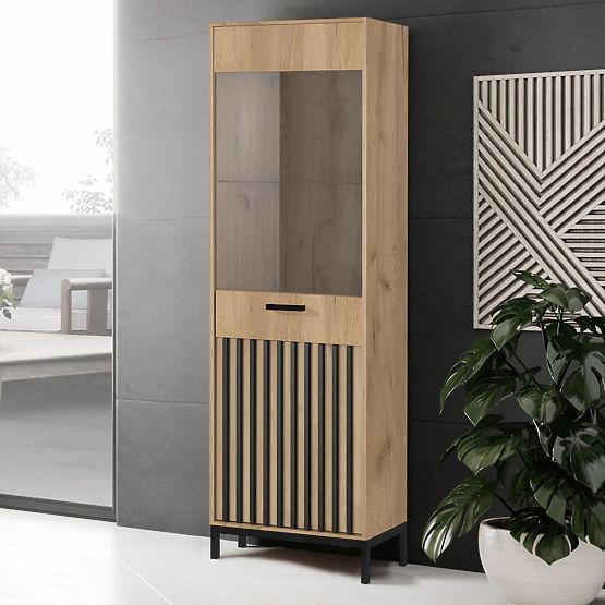 Vitrine LAMINO W-1 chêne craft/noir, pieds : noir