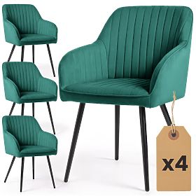 4x Chaise en velours capitonnée avec coutures Vert Bouteille FLORENCE Pieds Noirs