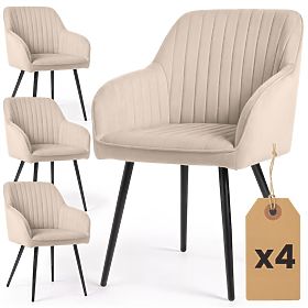 4x Chaise en velours capitonnée avec surpiqûres Beige FLORENCE Pieds noirs