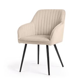 4x Chaise en velours capitonnée avec surpiqûres Beige FLORENCE Pieds noirs