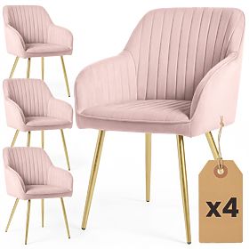 4x Chaise en Velours Capitonnée avec Surpiqûres Rose Poudré FLORENCE Pieds Dorés