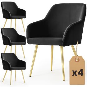 4x Chaise lisse en velours noir ESTELLE Pieds dorés