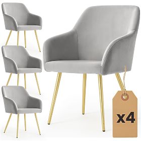 4x Chaise rembourrée en velours lisse Grise ESTELLE Pieds dorés