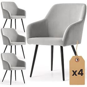 4x Chaise rembourrée en velours lisse Grise ESTELLE Pieds Noirs
