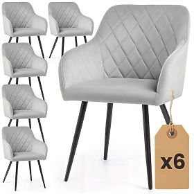 6x Chaise en velours matelassée à losanges Gris VELTO Pieds noirs