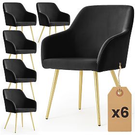 6x Chaise lisse en velours noir ESTELLE Pieds dorés
