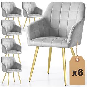 6x Chaise rembourrée avec surpiqûres carrées Grise LUXANO Pieds dorés