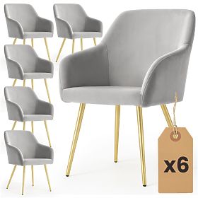 6x Chaise rembourrée en velours lisse Grise ESTELLE Pieds dorés