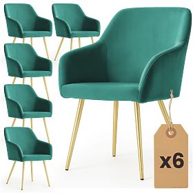 6x Chaise rembourrée en velours lisse Vert Bouteille ESTELLE Pieds dorés