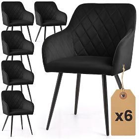 6x Chaise rembourrée en velours matelassée en losanges Noire VELTO Pieds noirs
