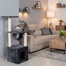 Arbre à chat, lit, poteau, tour à gratter, maisonnette 94 cm gris Petsi