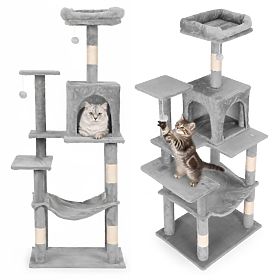 Arbre à chat, lit, poteau, tour à griffer, maisonnette 146 cm gris Petsi