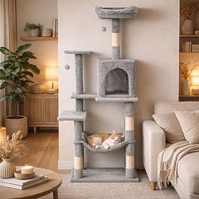 Arbre à chat, lit, poteau, tour à griffer, maisonnette 146 cm gris Petsi
