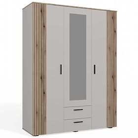 ARMOIRE AVA 150 CM MIROIR 2 TIROIRS FAÇADE RAINURÉE CHÊNE ÉVOQUE BEIGE CACHEMIRE