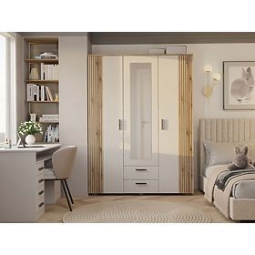 ARMOIRE AVA 150 CM MIROIR 2 TIROIRS FAÇADE RAINURÉE CHÊNE ÉVOQUE BEIGE CACHEMIRE