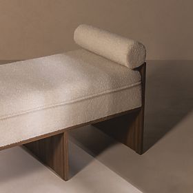 Banc rembourré Loppo beige clair, bouclé, Noyer Wisconsin