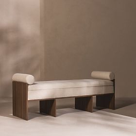 Banc rembourré Loppo beige clair, bouclé, Noyer Wisconsin