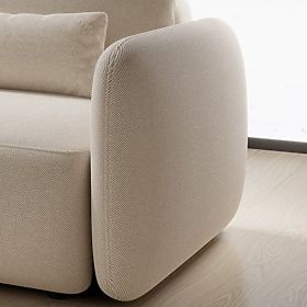 Canapé d'angle convertible Mossa avec espace de rangement, côté gauche, beige clair, formes arrondie