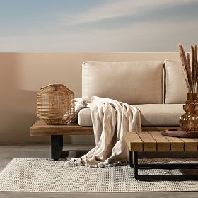 Canapé d'angle de jardin avec table Borgo, bois d'acacia FSC, aspect teck, beige