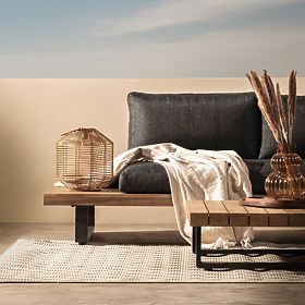 Canapé d'angle de jardin avec table Borgo, bois d'acacia FSC, aspect teck, gris