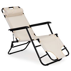 Chaise longue de jardin avec appui-tête, structure pliable, beige