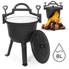 Chaudron en fonte émaillée 8L sur pied, marmite de chasse, foyer, barbecue MultiGarden, MultiGarden