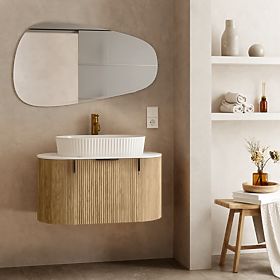 Ensemble armoire avec plateau et lavabo La simplicite 80 cm, rainuré, arrondi, Glit White/chêne