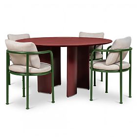 Ensemble de jardin Amarello, table ronde 140 cm + 4 chaises, aluminium, vert/bordeaux