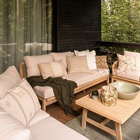 Ensemble de jardin d'angle avec table Castello, tressage, bois d'acacia FSC, aspect teck, beige