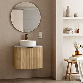 Ensemble de meuble avec plan et lavabo Matinale 60 cm, rainuré, arrondi, Glit White/acacia