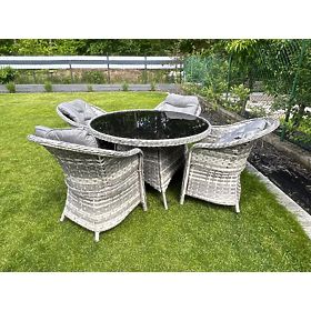 Ensemble de mobilier de table en résine tressée (4 fauteuils + table ronde) MODERNO gris clair