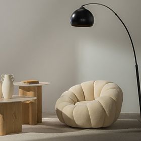 Fauteuil Relax Venezia beige avec base pivotante, boucle, formes arrondies