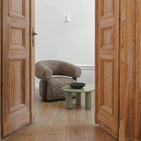Fauteuil relaxant Maribel brun-crème/noyer, formes arrondies