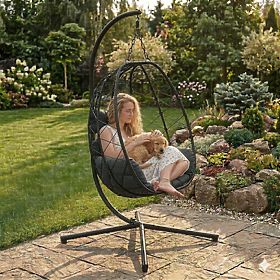 Fauteuil suspendu de jardin autoportant cocon jusqu'à 120 kg avec coussins noirs MultiGarden